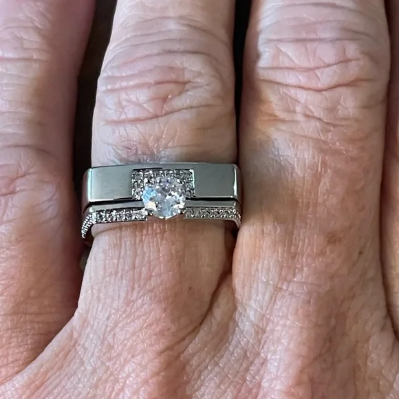 2 Piece Geometric, Square Cubic Zirconia Statement Badass Engagement Ring - Picture 4 of 8